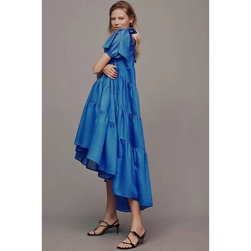 By Anthropologie Off-The-Shoulder Tiered High-Low Midi Dress SM Festive Party